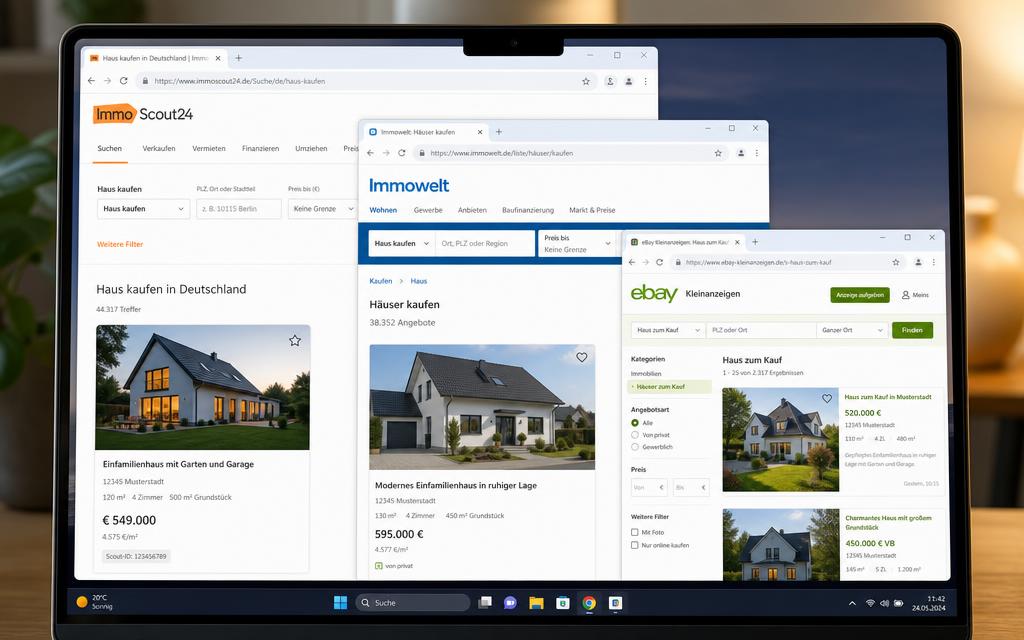 Verschiedene Immobilienportale mit Immobilienanzeigen auf einem Laptop